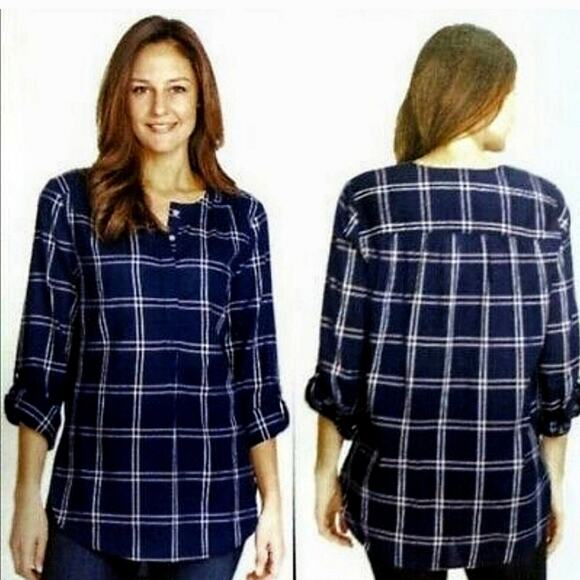 Nine West Lucy Plaid Popover Top M - Picture 1 of 6